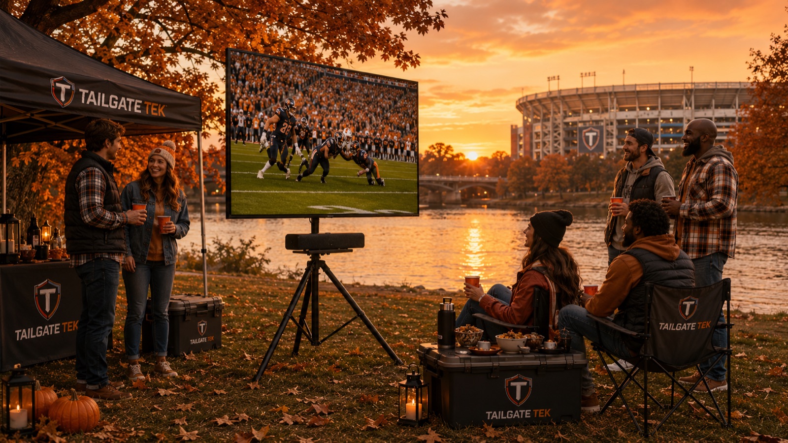 TekStandSoloShelf set up at a tailgate with a soundbar on the shelf